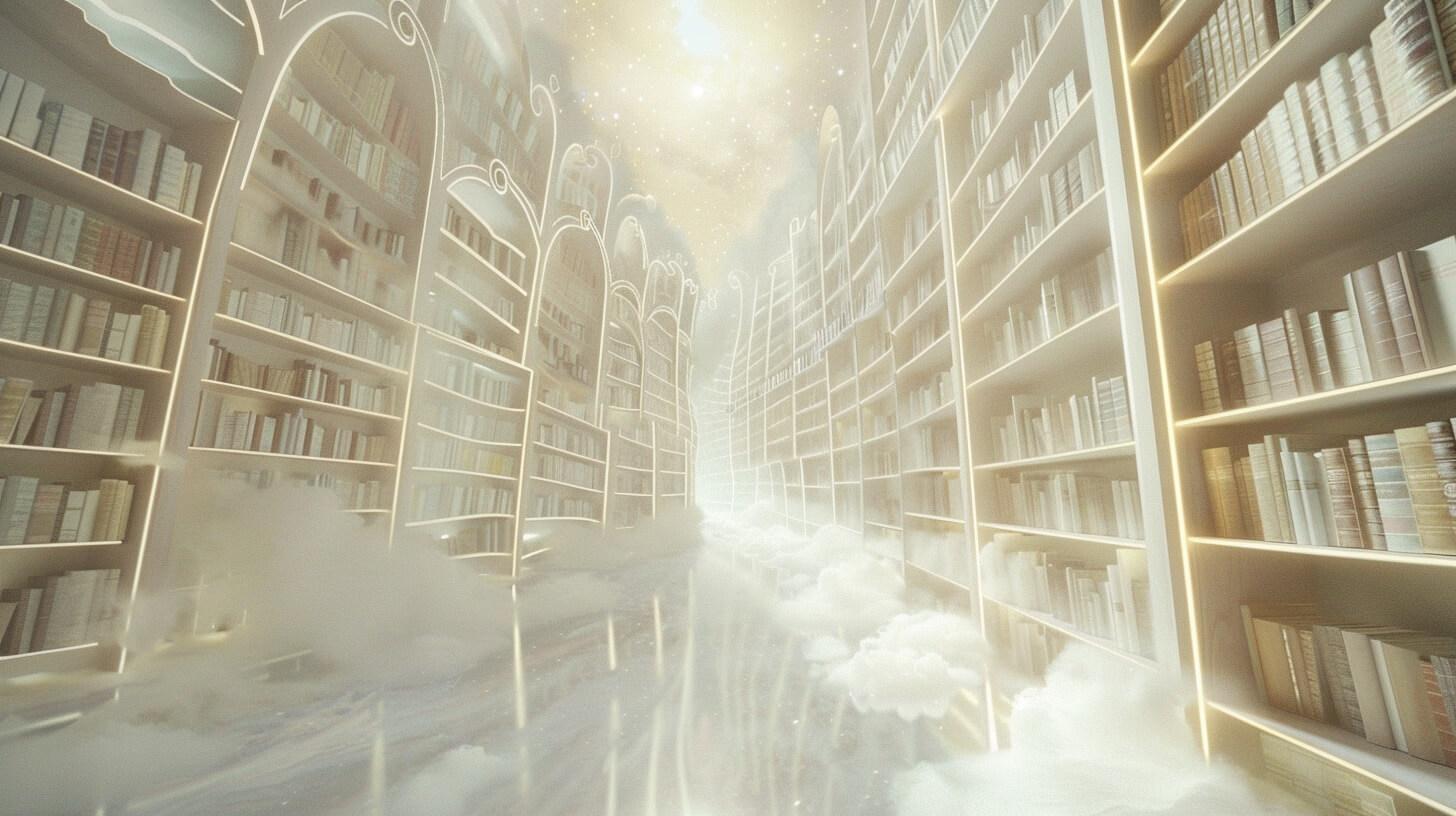 Dreamy library shelves filled with books and soft ethereal lighting