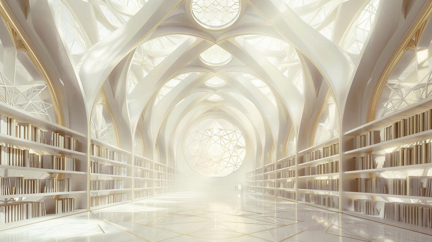 Geometric Library with patterned windows and bright natural light