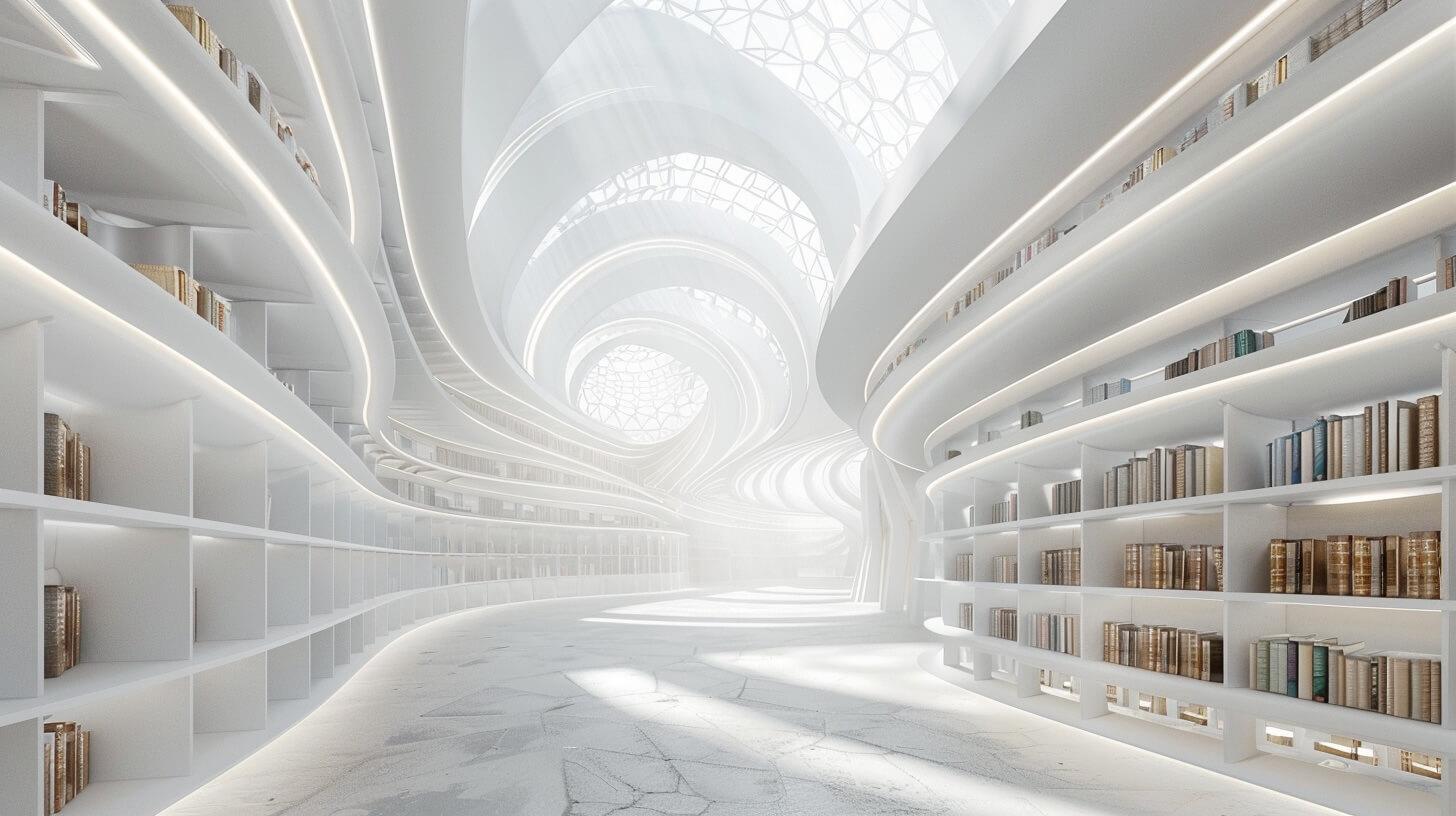 Library with organic curved shelves and bright light
