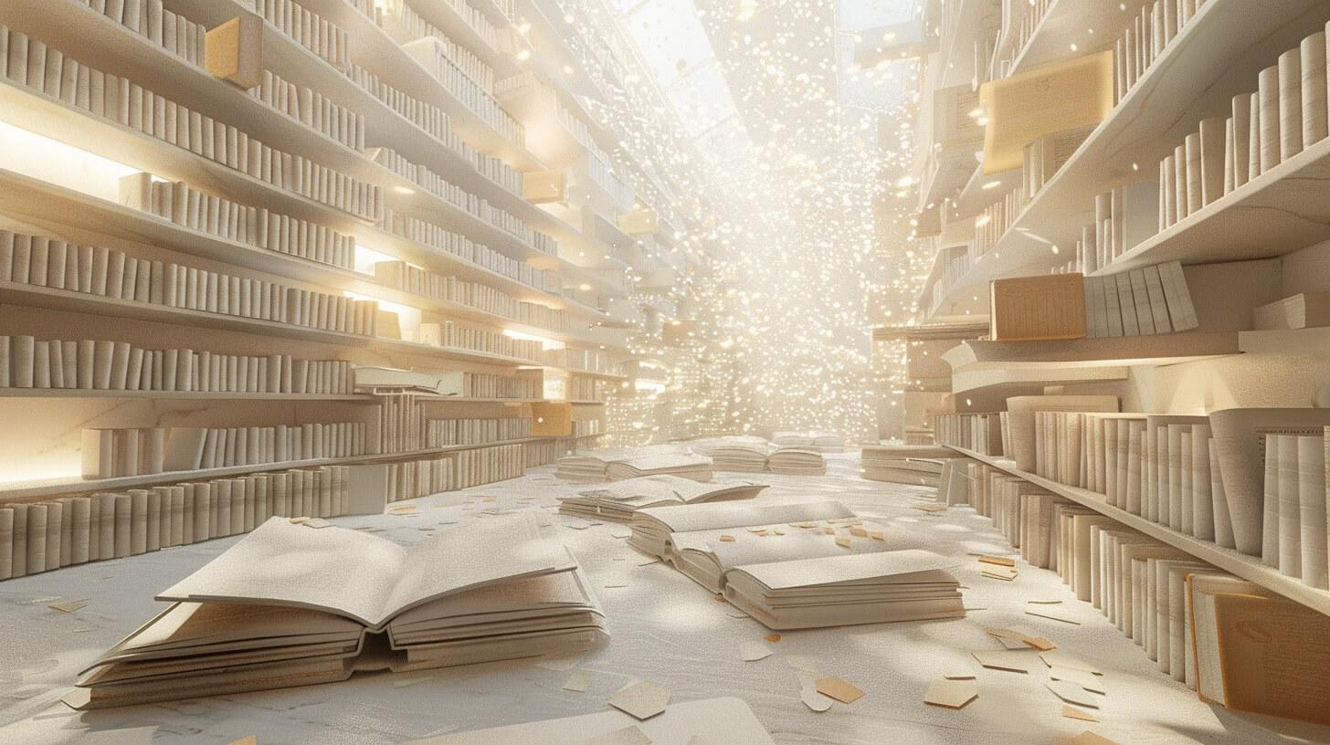 Magical library with golden particles and open books
